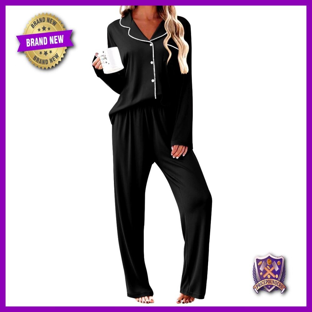 Soft Long Sleeve Pajama Set with Button Top, Relaxed Fit Lounge Wear